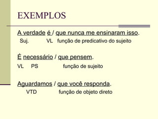 EXEMPLOS
A verdade é / que nunca me ensinaram isso.
Suj. VL função de predicativo do sujeito
É necessário / que pensem.
VL PS função de sujeito
Aguardamos / que você responda.
VTD função de objeto direto
 
