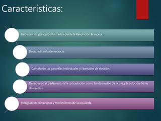 Características:
Rechazan los principios ilustrados desde la Revolución Francesa.
Desacreditan la democracia.
Cancelaron las garantías individuales y libertades de elección.
Desecharon el parlamento y la concertación como fundamentos de la paz y la solución de las
diferencias.
Persiguieron comunistas y movimientos de la izquierda.
 