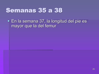 26
 En la semana 37, la longitud del pie es
mayor que la del femur
Semanas 35 a 38
 