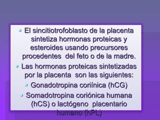  El sincitiotrofoblasto de la placenta
sintetiza hormonas proteicas y
esteroides usando precursores
procedentes del feto o de la madre.
 Las hormonas proteicas sintetizadas
por la placenta son las siguientes:
 Gonadotropina coriínica (hCG)
 Somadotropina coriónica humana
(hCS) o lactógeno placentario
humano (hPL)
 
