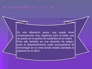 DESPRENDIMIENTO DE LA PLACENTA
Es una alteración grave, que puede tener
consecuencias muy negativas para el bebé, que
se queda sin el aporte de nutrientes de la madre.
Para ella también es una situación de peligro,
pues el desprendimiento suele acompañarse de
hemorragia en la zona donde estaba asentada la
placenta en el útero.
 