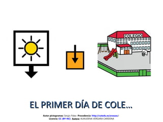 EL PRIMER DÍA DE COLE…EL PRIMER DÍA DE COLE…
Autor pictogramas: Sergio Palao Procedencia: http://catedu.es/arasaac/
Licencia: CC (BY-NC) Autora: ALMUDENA VERGARA CARDONA
 
