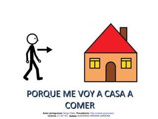 PORQUE ME VOY A CASA APORQUE ME VOY A CASA A
COMERCOMER
Autor pictogramas: Sergio Palao Procedencia: http://catedu.es/arasaac/
Licencia: CC (BY-NC) Autora: ALMUDENA VERGARA CARDONA
 