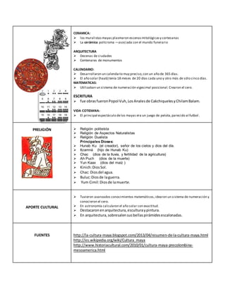 CERAMICA:
 los muralistasmayas plasmaron escenasmitológicasy cortesanas
 La cerámica polícroma —asociada con el mundo funerario
ARQUITECTURA
 Decenas de ciudades
 Centenares de monumentos
CALENDARIO:
 Desarrollaron un calendario muy preciso,con un año de 365 días.
 El año solar (haab) tenía 18 meses de 20 días cada uno y otro más de sólo cinco días.
MATEMATICAS:
 Utilizaban un sistema de numeración vigesimal posicional. Crearon el cero.
ESCRITURA
 fue obrasfueronPopol Vuh,LosAnalesde CakchiquelesyChilamBalam.
VIDA COTIDIANA:
 El principal espectáculo delos mayas era un juego de pelota,parecido al futbol .
PRELIGIÓN  Religión politeísta
 Religión de Aspectos Naturalistas
 Religión Dualista
Principales Dioses:
 Hunab Ku (el creador), señor de los cielos y dios del día.
 Itzamná (hijo de Hunab Ku)
 Chac (dios de la lluvia, y fertilidad de la agricultura)
 Ah Puch (dios de la muerte)
 Yun Kaax (dios del maíz )
 Kinich:DiosSol.
 Chac: Diosdel agua.
 Buluc:Diosde laguerra.
 Yum Cimil:Diosde lamuerte.
APORTE CULTURAL
 Tuvieron avanzados conocimientos matemáticos,idearon un sistema de numeración y
conocieron el cero.
 En astronomía calcularon el año solar con exactitud.
 Destacaronenarquitectura,esculturaypintura.
 En arquitectura,sobresalensusbellaspirámidesescalonadas.
FUENTES http://la-cultura-maya.blogspot.com/2013/04/resumen-de-la-cultura-maya.html
http://es.wikipedia.org/wiki/Cultura_maya
http://www.historiacultural.com/2010/01/cultura-maya-precolombina-
mesoamerica.html
 