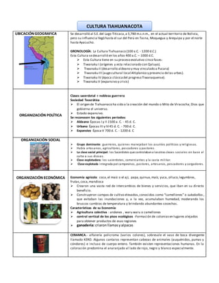 UBICACIÓNGEOGRAFICA Se desarrolló al S.E.del Lago Titicaca,a 3,780 m.s.n.m., en el actual territorio de Bolivia,
pero su influencia llegó hasta el sur del Perú en Tacna, Moquegua y Arequipa y por el norte
hasta Ayacucho.
GRONOLOGÍA: La Cultura Tiahuanaco (100 a.C. - 1200 d.C.)
Esta Cultura sedesarrolló en los años 400 a.C. – 1000 d.C.
 Esta Cultura tiene en su proceso evolutivo cinco fases:
 Tiwanaku I (orígenes y esta relacionado con Qaluyo).
 Tiwanaku II (desarrollo aldeano y muy vinculado a Pucara)
 Tiwanaku III (augecultural local Altiplanico y presencia delas urbes).
 Tiwanaku IV (época clásica del progreso Tiwanaquense).
 Tiwanaku V (expansivo y crisis)
ORGANIZACIÓN POLÍTICA
Clases sacerdotal + nobleza guerrera
Sociedad Teocrática
 El origen de Tiahuanaco ha sido a la creación del mundo o Mito de Viracocha; Dios que
gobierna el universo.
 Estado expansivo.
Se reconocen los siguientes periodos:
 Aldeano Épocas I y II 1500 a. C. - 45 d. C.
 Urbano Épocas III y IV45 d. C. - 700 d. C.
 Expansivo Época V 700 d. C. - 1200 d. C
ORGANIZACIÓN SOCIAL
 Grupo dominante: guerreros, quienes manejaban los asuntos políticos y religiosos.
 Había artesanos, agricultores, pescadores y pastores.
 La clase social principal: los Sacerdotes que controlabana lasotras clases sociales en base al
culto a sus dioses.
 Clase explotadora: los sacerdotes, comerciantes y la casta militar.
 Clase explotada integrada por campesinos, pastores, artesanos, pescadores y cargadores.
ORGANIZACIÓN ECONÓMICA Economía agrícola: coca,el maíz o el ají, papa,quinua,maíz, yuca, olluco,legumbres,
frutas,coca,mandioca
 Crearon una vasta red de intercambios de bienes y servicios, que iban en su directo
beneficio.
 Construyeron campos de cultivo elevados,conocidos como “camellones” o sukakollos ,
que evitaban las inundaciones y, a la vez, acumulaban humedad, moderando los
bruscos cambios de temperatura y brindando abundantes cosechas.
Características de su Economía:
 Agricultura colectiva : andenes , waru waru o camellones
 control vertical de los pisos ecológicos -Formación de coloniasen lugares alejados
para obtener productos de esas regiones
 ganadería: criaron llamasyalpacas
CERAMICA.- alfarería policroma (varios colores), sobresale el vaso de boca divergente
llamado KERO. Algunos cantaros representan cabezas de animales (auquénidos, pumas y
cóndores) e incluso de cuerpo entero. También existen representaciones humanas. En la
coloración predomina el anaranjado al lado de rojo, negro y blanco especialmente.
CULTURA TIAHUANACOTA
TIAHUANACOTA
 