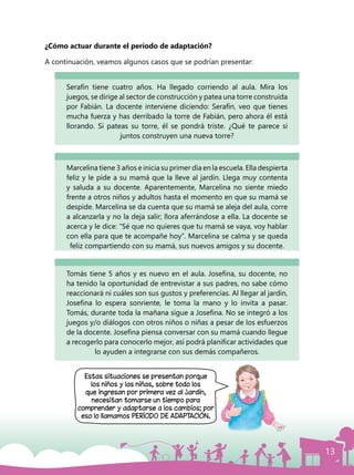 13
¿Cómo actuar durante el período de adaptación?
A continuación, veamos algunos casos que se podrían presentar:
Serafín tiene cuatro años. Ha llegado corriendo al aula. Mira los
juegos, se dirige al sector de construcción y patea una torre construida
por Fabián. La docente interviene diciendo: Serafín, veo que tienes
mucha fuerza y has derribado la torre de Fabián, pero ahora él está
llorando. Si pateas su torre, él se pondrá triste. ¿Qué te parece si
juntos construyen una nueva torre?
Marcelina tiene 3 años e inicia su primer día en la escuela. Ella despierta
feliz y le pide a su mamá que la lleve al jardín. Llega muy contenta
y saluda a su docente. Aparentemente, Marcelina no siente miedo
frente a otros niños y adultos hasta el momento en que su mamá se
despide. Marcelina se da cuenta que su mamá se aleja del aula, corre
a alcanzarla y no la deja salir; llora aferrándose a ella. La docente se
acerca y le dice: “Sé que no quieres que tu mamá se vaya, voy hablar
con ella para que te acompañe hoy”. Marcelina se calma y se queda
feliz compartiendo con su mamá, sus nuevos amigos y su docente.
Tomás tiene 5 años y es nuevo en el aula. Josefina, su docente, no
ha tenido la oportunidad de entrevistar a sus padres, no sabe cómo
reaccionará ni cuáles son sus gustos y preferencias. Al llegar al jardín,
Josefina lo espera sonriente, le toma la mano y lo invita a pasar.
Tomás, durante toda la mañana sigue a Josefina. No se integró a los
juegos y/o diálogos con otros niños o niñas a pesar de los esfuerzos
de la docente. Josefina piensa conversar con su mamá cuando llegue
a recogerlo para conocerlo mejor, así podrá planificar actividades que
lo ayuden a integrarse con sus demás compañeros.
Estas situaciones se presentan porque
los niños y las niñas, sobre todo los
que ingresan por primera vez al jardín,
necesitan tomarse un tiempo para
comprender y adaptarse a los cambios; por
eso lo llamamos PERÍODO DE ADAPTACIÓN.
 