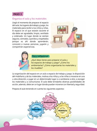 20 Guía para el período de adaptación
Ambientación
Mobiliario
Materiales
Para reflexionar
PASO 3
Organiza el aula y los materiales
Llegó el momento de preparar el espacio
del aula, los lugares de trabajo y juego, los
materiales para recibir a tus niños y niñas.
El espacio en el que estarán durante el
día debe ser agradable, limpio, ventilado
y ordenado. Un lugar donde se sientan
seguros, cómodos, queridos y respetados
porque es ahí donde aprenderán,
conocerá a nuevas personas, jugarán y
compartirán experiencias.
¿Qué ideas tienes para preparar el aula y
los espacios de trabajo y juego? ¿Cómo los
ambientarías? ¿Cómo organizarías los materiales y
los muebles?
La organización del espacio en un aula o espacio de trabajo y juego, la disposición
del mobiliario y de los materiales, motiva a los niños y a las niñas a moverse en una
u otra dirección, a jugar en un determinado lugar o a cambiarse a otro, a escoger
los materiales y a comunicarse. El aula debe brindarles diversas posibilidades de
acción, además, debe ser un lugar donde puedan moverse con libertad y seguridad.
Prepara el aula teniendo en cuenta los siguientes aspectos:
 