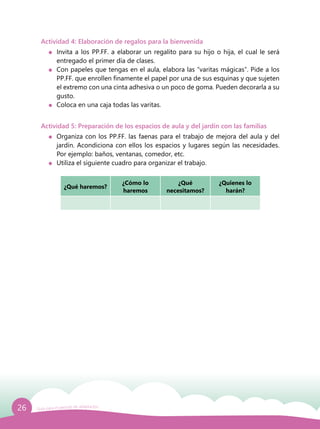 26 Guía para el período de adaptación
Actividad 4: Elaboración de regalos para la bienvenida
	 Invita a los PP.FF. a elaborar un regalito para su hijo o hija, el cual le será
entregado el primer día de clases.
	 Con papeles que tengas en el aula, elabora las “varitas mágicas”. Pide a los
PP.FF. que enrollen finamente el papel por una de sus esquinas y que sujeten
el extremo con una cinta adhesiva o un poco de goma. Pueden decorarla a su
gusto.
	 Coloca en una caja todas las varitas.
Actividad 5: Preparación de los espacios de aula y del jardín con las familias
	 Organiza con los PP.FF. las faenas para el trabajo de mejora del aula y del
jardín. Acondiciona con ellos los espacios y lugares según las necesidades.
Por ejemplo: baños, ventanas, comedor, etc.
	 Utiliza el siguiente cuadro para organizar el trabajo.
¿Qué haremos?
¿Cómo lo
haremos
¿Qué
necesitamos?
¿Quienes lo
harán?
 