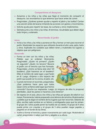 40 Guía para el período de adaptación
Compartimos el desayuno
	 Avisamos a los niños y las niñas que llegó el momento de compartir el
desayuno. Les recordamos lo que tenemos que hacer antes de comer.
	 Pregúntales: ¿Quiénes quieren ayudar a repartir el jabón y las toallas? Cantan
una canción antes de lavarse imitando las acciones con gestos y movimientos.
	 Solicita ayuda para repartir las tazas, las cucharas y otros implementos.
	 Siéntate junto a los niños y las niñas. Al terminar, recuérdales que deben dejar
todo limpio y ordenado.
Recorriendo el jardín
Inicio
	 Invita a los niños y las niñas a ponerse en fila y formar un tren para recorrer el
jardín. Muéstrales los espacios que utilizarán durante el año: aula, patio, baño
y otros. Explícales los cuidados que deben tener y muéstrales los lugares u
objetos que son peligrosos.
Desarrollo
	 Forma un tren con los niños y las niñas.
Pídeles que se ordenen libremente.
Pregúntales: ¿Quién irá primero? ¿Quién
irá segundo? ¿Quién irá tercero? Recorre
el jardín con el trencito que han formado.
Pregúntales: ¿Cómo se llama este sitio? (El
lavadero) ¿Qué hacemos en el lavadero?
Diles el nombre de cada lugar y qué harán
en él. Luego, diríjanse a otro espacio del
jardín que puede ser la cocina, el patio, etc.
	 Cuando terminen el recorrido, pregúntales:
¿Qué podemos hacer para que todos
sepan cómo se llama cada lugar que hemos
conocido? Escucha sus respuestas. Luego, (si ninguno de ellos lo propone)
plantéales: ¿Qué les parece si hacemos unos letreros?
	 De regreso en el aula, ubica a los niños y las niñas por grupos de edad en sus
mesas. Previamente, habrás preparadounos letreros de cartulina. Muéstraselos
y pídeles que te digan el nombre de los lugares que han recorrido. Delante de
ellos, escribe cada nombre en un letrero y entrégaselos para que los pinten.
El grupo de 3 años puede poner las huellas de sus dedos. El grupo de 4 años
puede pintar con crayolas y el grupo de 5 años pueden rasgar papeles y
pegarlos en el borde de las letras.
	 Vuelve a formar el trencito y pasen nuevamente por cada lugar. Muéstrales el
cartel, pregúntales si saben qué dice y pégalos a su altura.
 