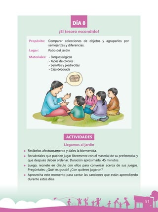 51
DÍA 8
Propósito: 	 Comparar colecciones de objetos y agruparlos por
semejanzas y diferencias.
Lugar: 	 Patio del jardín
Materiales:	 - Bloques lógicos
		 - Tapas de colores
		 - Semillas y piedrecitas
		 - Caja decorada
ACTIVIDADES
Llegamos al jardín
	 Recíbelos afectuosamente y dales la bienvenida.
	 Recuérdales que pueden jugar libremente con el material de su preferencia, y
que después deben ordenar. Duración aproximada: 45 minutos.
	 Luego, reúnete en círculo con ellos para conversar acerca de sus juegos.
Pregúntales: ¿Qué les gustó? ¿Con quiénes jugaron?
	 Aprovecha este momento para cantar las canciones que están aprendiendo
durante estos días.
¡El tesoro escondido!
 