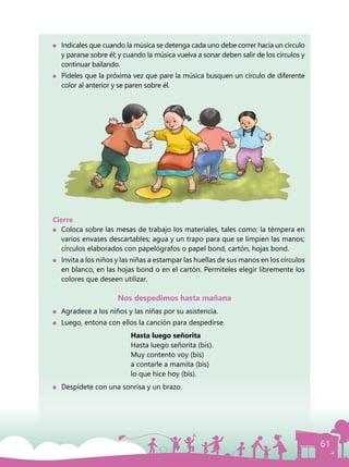 61
	 Indícales que cuando la música se detenga cada uno debe correr hacia un círculo
y pararse sobre él; y cuando la música vuelva a sonar deben salir de los círculos y
continuar bailando.
	 Pídeles que la próxima vez que pare la música busquen un círculo de diferente
color al anterior y se paren sobre él.
Cierre
	 Coloca sobre las mesas de trabajo los materiales, tales como: la témpera en
varios envases descartables; agua y un trapo para que se limpien las manos;
círculos elaborados con papelógrafos o papel bond, cartón, hojas bond.
	 Invita a los niños y las niñas a estampar las huellas de sus manos en los círculos
en blanco, en las hojas bond o en el cartón. Permíteles elegir libremente los
colores que deseen utilizar.
Nos despedimos hasta mañana
	 Agradece a los niños y las niñas por su asistencia.
	 Luego, entona con ellos la canción para despedirse.
			 Hasta luego señorita
			 Hasta luego señorita (bis).
			 Muy contento voy (bis)
			 a contarle a mamita (bis)
			 lo que hice hoy (bis).
	 Despídete con una sonrisa y un brazo.
 