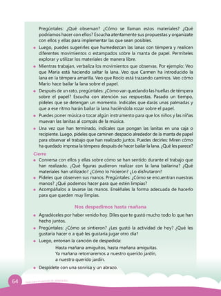 64 Guía para el período de adaptación
Pregúntales: ¿Qué observan? ¿Cómo se llaman estos materiales? ¿Qué
podríamos hacer con ellos? Escucha atentamente sus propuestas y organízate
con ellos y ellas para implementar las que sean posibles.
	 Luego, puedes sugerirles que humedezcan las lanas con témpera y realicen
diferentes movimientos o estampados sobre la manta de papel. Permíteles
explorar y utilizar los materiales de manera libre.
	 Mientras trabajan, verbaliza los movimientos que observas. Por ejemplo: Veo
que María está haciendo saltar la lana. Veo que Carmen ha introducido la
lana en la témpera amarilla. Veo que Rocío está trazando caminos. Veo cómo
Mario hace bailar la lana sobre el papel.
	 Después de un rato, pregúntales: ¿Cómo van quedando las huellas de témpera
sobre el papel? Escucha con atención sus respuestas. Pasado un tiempo,
pídeles que se detengan un momento. Indícales que darás unas palmadas y
que a ese ritmo harán bailar la lana haciéndola rozar sobre el papel.
	 Puedes poner música o tocar algún instrumento para que los niños y las niñas
muevan las lanitas al compás de la música.
	 Una vez que han terminado, indícales que pongan las lanitas en una caja o
recipiente. Luego, pídeles que caminen despacio alrededor de la manta de papel
para observar el trabajo que han realizado juntos. Puedes decirles: Miren cómo
ha quedado impresa la témpera después de hacer bailar la lana. ¿Qué les parece?
Cierre
	 Conversa con ellos y ellas sobre cómo se han sentido durante el trabajo que
han realizado. ¿Qué figuras pudieron realizar con la lana bailarina? ¿Qué
materiales han utilizado? ¿Cómo lo hicieron? ¿Lo disfrutaron?
	 Pídeles que observen sus manos. Pregúntales: ¿Cómo se encuentran nuestras
manos? ¿Qué podemos hacer para que estén limpias?
	 Acompáñalos a lavarse las manos. Enséñales la forma adecuada de hacerlo
para que queden muy limpias.
Nos despedimos hasta mañana
	 Agradéceles por haber venido hoy. Diles que te gustó mucho todo lo que han
hecho juntos.
	 Pregúntales: ¿Cómo se sintieron? ¿Les gustó la actividad de hoy? ¿Qué les
gustaría hacer o a qué les gustaría jugar otro día?
	 Luego, entonan la canción de despedida:
			 Hasta mañana amiguitos, hasta mañana amiguitas.
			 Ya mañana retornaremos a nuestro querido jardín,
			 a nuestro querido jardín.
	 Despídete con una sonrisa y un abrazo.
 