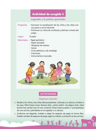 65
Actividad de acogida 3
Propósito: 	 - Favorecer la socialización de los niños y las niñas con
sus pares y con la docente.
	 -	 Promover un clima de confianza y disfrute a través del
juego.
Lugar: 	 El patio
Materiales:	 - Papel periódico
	 -	 Papel reciclado
	 -	 Témperas de colores
	 -	Goma
	 -	 Cinta adhesiva o de embalaje
	 -	Canciones
	 -	 Instrumentos musicales
ACTIVIDADES
Llegamos al jardín
	 Recibe a los niños y las niñas afectuosamente. Colócate a su altura y míralos a
los ojos. Diles frases como: Buenos días, ¿cómo estás?, me alegra verte. ¡Qué
bonito has venido hoy! Te veo contento. Estas frases pueden ir acompañadas
de una sonrisa, palmaditas en la espalda o un abrazo.
	 Conforme van llegando, invítalos a elegir los espacios de juego en forma libre.
Pueden cambiar de espacios de juego según su interés. La duración es de una hora.
Jugando a la pelota quemada
 