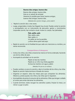 69
			 	 Buenos días amigos, buenos días
				 Buenos días amigos, buenos días.
				 Este es un saludo de amistad.
				 Haremos lo posible para hacer buenos amigos,
				 buenos días amigos, buenos días.
					(Melodía de la canción: Amigos, ¿cómo están?)
	 Repite la canción dos o tres veces.
	 Luego, pregúntales si todos han llegado hoy al aula. Puedes cantar la canción
y acompañarte con un instrumento de percusión, gestos y movimientos
corporales (sonríe, haz contacto visual, mueve tu cuerpo, haz palmadas).
	Palo, palito, palo
	Palo, palito, palo.
	Palo, palito, sí.
					 Un palito se me ha perdido,
			 y ahora dime quién está aquí.
	 Repite la canción con la finalidad de que cada uno mencione su nombre y se
sienta reconocido.
Compartimos el desayuno
	 Invita a los niños y las niñas a lavarse las manos en forma ordenada, haciendo
uso de los útiles de aseo.
	 Acompaña la actividad con la canción:
					 Pepito se lava las manitos
					 Pepito es un niño muy lindo juguetón
					 Se lava las manitos con agua y jabón
						 (Melodía: Pin pon es un muñeco)
	 Puedes cambiar un poco la canción y decir el nombre de los niños y las niñas.
Repite la canción hasta terminar el lavado de manos.
	 Organiza un espacio: ubica las mesas para que compartan los alimentos.
Observa y presta ayuda a los niños y las niñas que lo requieran.
	 Acompáñalos durante el consumo de los alimentos. Diles que tengan cuidado
al comer para evitar derramar los alimentos.
	 Cuando terminen, todos recogen los utensilios usados, limpian la mesa y se
retiran a jugar al patio.
 