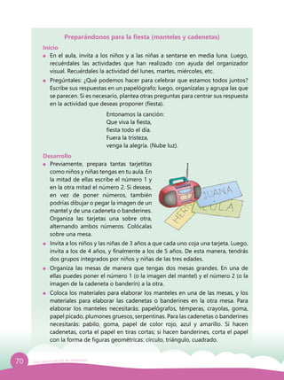 70 Guía para el período de adaptación
Preparándonos para la fiesta (manteles y cadenetas)
Inicio
	 En el aula, invita a los niños y a las niñas a sentarse en media luna. Luego,
recuérdales las actividades que han realizado con ayuda del organizador
visual. Recuérdales la actividad del lunes, martes, miércoles, etc.
	 Pregúntales: ¿Qué podemos hacer para celebrar que estamos todos juntos?
Escribe sus respuestas en un papelógrafo; luego, organízalas y agrupa las que
se parecen. Si es necesario, plantea otras preguntas para centrar sus respuesta
en la actividad que deseas proponer (fiesta).
					Entonamos la canción:
					 Que viva la fiesta,
					 fiesta todo el día.
					Fuera la tristeza,
		 venga la alegría. (Nube luz).
Desarrollo
	Previamente, prepara tantas tarjetitas
como niños y niñas tengas en tu aula. En
la mitad de ellas escribe el número 1 y
en la otra mitad el número 2. Si deseas,
en vez de poner números, también
podrías dibujar o pegar la imagen de un
mantel y de una cadeneta o banderines.
Organiza las tarjetas una sobre otra,
alternando ambos números. Colócalas
sobre una mesa.
	 Invita a los niños y las niñas de 3 años a que cada uno coja una tarjeta. Luego,
invita a los de 4 años, y finalmente a los de 5 años. De esta manera, tendrás
dos grupos integrados por niños y niñas de las tres edades.
	 Organiza las mesas de manera que tengas dos mesas grandes. En una de
ellas puedes poner el número 1 (o la imagen del mantel) y el número 2 (o la
imagen de la cadeneta o banderín) a la otra.
	 Coloca los materiales para elaborar los manteles en una de las mesas, y los
materiales para elaborar las cadenetas o banderines en la otra mesa. Para
elaborar los manteles necesitarás: papelógrafos, témperas, crayolas, goma,
papel picado, plumones gruesos, serpentinas. Para las cadenetas o banderines
necesitarás: pabilo, goma, papel de color rojo, azul y amarillo. Si hacen
cadenetas, corta el papel en tiras cortas; si hacen banderines, corta el papel
con la forma de figuras geométricas: círculo, triángulo, cuadrado.
 