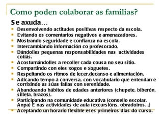 Como poden colaborar as familias?
S e axuda…
   Des envolvendo actitudes pos itivas res pecto da es cola.
   E vitando os comentarios negativos e amenazadores .
   Mos trando s eguridade e confianza na es cola.
   Intercambiando información co profes orado.
   Dándolles pequenas res pons abilidades nas actividades
    cotiás .
   A cos tumándolles a recoller cada cous a no s eu s itio.
   C ompartindo con eles xogos e xoguetes .
   Res peitando os ritmos de lecer,decans o e alimentación.
   A dicando tempo á convers a, con vocabulario que entendan e
    corrixindo as s úas fallas con s erenidade.
   A bandoando hábitos de edades anteriores (chupete, biberón,
    s illeta, brazos ).
   Participando na comunidade educativa (cons ello es colar,
    A npa) E nas actividades de aula (excurs ións , obradoiros ...)
   A ceptando un horario flexible es es primeiros días do curs o.
 