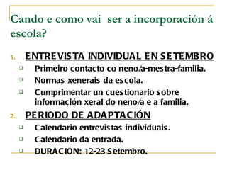 Cando e como vai ser a incorporación á
escola?
1.       E NTRE VIS TA INDIVIDUA L E N S E TE MB RO
          Primeiro contac to c o neno/a-mes tra-familia.
          Normas xenerais da es c ola.
          C umprimentar un c ues tionario s obre
           información xeral do neno/a e a familia.
2.       PE RIODO DE A DA PTA C IÓN
          C alendario entrevis tas individuais .
          C alendario da entrada.
          DURA C IÓN: 12-23 S etembro.
 