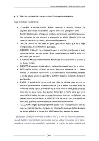 Periodo de Adaptación en el 2º Ciclo de Educación Infantil
• • Decir las palabras con una pronunciación lo mas correcta posible.
Área de Hábitos y Autonomía:
• VESTIRSE Y DESVESTIRSE: Puede comenzar a vestirse, ponerse los
zapatos, desvestirse aunque tarde un poco en hacerlo y tengamos prisa
• BAÑO: Desde los tres años puede ir al baño por si solo/a, cuando tenga ganas,
sin necesidad de que siempre le acompañe un adulto. Cuando orine que
aprenda a secarse con papel y a limpiarse al hacer caca.
• JUEGO: Dedicar un rato cada día para jugar con su hijo/a, que no lo haga
siempre solo/a. Cuando termine que recoja.
• BIBERÓN: El biberón no es necesario, pero sí un inconveniente para el buen
desarrollo dental, afectivo, social... Para dejarlo podemos darle la leche con
una pajita, ¡les encanta!
• CHUPETE: Muchas malformaciones dentales se evitan al quitarle el chupete a
su debido tiempo.
• DIENTES: Enséñale a limpiárselos correctamente especialmente por la noche.
• DESCANSO: Los/as niños/as necesitan descansar alrededor de 11 horas
diarias. Un niño/a que no descansa lo suficiente estará malhumorado, cansado
y tendrá pocas ganas de aprender y disfrutar. Debemos acostarlos temprano
por la noche.
• PAÑAL: El pañal de la noche es el más difícil de eliminar pues supone un
esfuerzo para la familia. Podemos tratar de que al menos dos horas antes de
dormir no beban líquido. Decirle que no le van a poner el pañal; pero que si se
orina que no pasa nada. Que pueden llamar por la noche para que se le
acompañe al baño y de esta manera evitamos que duerman confiados en que
pueden orinar porque tienen el pañal. Aunque es un proceso que puede ser
lento, hay que tener paciencia porque los resultados compensan.
• TELEVISIÓN: Vigilar que los programas que se vean, sean apropiados para su
edad y evitar los violentos. Aunque a los niños/as les gusta ver la tele, procurar
no abusar y dedicar el tiempo libre a leerles cuentos, sacarlos de paseo.
El proceso se da por terminado cuando el niño y la niña se muestran contentos,
cuando hablan e intercambian experiencias, cuando utilizan los objetos de la clase,
cuando se mueven con seguridad y naturalidad y cuando su rostro muestra una
Página
12
 
