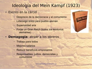 www.lahistoriayotroscuentos.es
Ideología del Mein Kampf (1923)
● Escrito en la cárcel
– Desprecio de la democracia y el comunismo
– Liderazgo único para pueblo alemán
– Superioridad aria
– Forjar un Gran Reich (todos los territorios
alemanes)
● Demagogia: atraer a los obreros
– Trabajo para todos
– Mejores salarios
– Reducir beneficios empresarios
– Responsables: judíos, demócratas y
comunistas
 