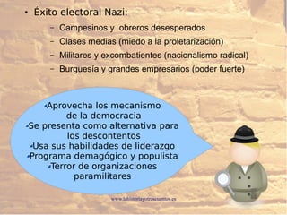www.lahistoriayotroscuentos.es
● Éxito electoral Nazi:
– Campesinos y obreros desesperados
– Clases medias (miedo a la proletarización)
– Militares y excombatientes (nacionalismo radical)
– Burguesía y grandes empresarios (poder fuerte)
Aprovecha los mecanismo
de la democracia
Se presenta como alternativa para
los descontentos
Usa sus habilidades de liderazgo
Programa demagógico y populista
Terror de organizaciones
paramilitares
 
