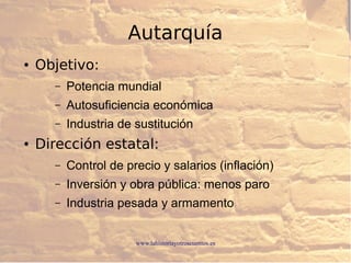 www.lahistoriayotroscuentos.es
Autarquía
● Objetivo:
– Potencia mundial
– Autosuficiencia económica
– Industria de sustitución
● Dirección estatal:
– Control de precio y salarios (inflación)
– Inversión y obra pública: menos paro
– Industria pesada y armamento
 