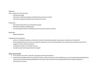 Objetivos:
Que las niñasylos niñosde lasala:
- Disfrutendel juego
- Comiencenaconformarel grupo,mediante tareascomunesarealizar.
- Interactúen,lograndocadadía mayorconfianzaentre ellos.
Contenidos:
- Interacciónentre paresenlosmomentosde juego
- Reconocimientoporel trabajogrupal
- Uso del lenguaje verbal ynoverbal parala comunicaciónconparesy adultos
Materiales:
- Bloquesde plástico.
Indicadoresde laevaluación:
- ¿cómo se losobservóa Mateo ya Catalinaenrelaciónal material presentado?¿qué accionesrealizaronconel material?
- Ante lapropuestade armar una torre,¿pudieroncolaborar?¿se losvióentusiasmado?¿Fue necesarioque ladocenteinicie latorre?
- ¿Jugarona armar y desarmarlatorre?
- ¿Colaboraronambosenarmadode la torre?
- ¿Se observóque interactuasendurante el juego?
Observacionesdeldía
 Se los observóalosniñosy niñasde la salajugar contentosadescubrirse.
 Tanto Almacomo Mateopudieronesconderalaseño y luegoencontrarla.CatalinayMartinaaún no,pero observabandetenidamentey
riéndose cómoladocente aparecíadebajode latela;poco a poco la docente se acercabapidiendoque laayudenaaparecer,y
finalmentese animaron.
 