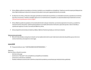  Almay Mateo pudieronesconderse asímismos y tambiénasus compañerosycompañeras. Catalinase animóaespiarpordebajode las
telas.Martinadejóque la docente le colocaralatelasobre la cara para luegoquitárselaella,sonriendo.
 Se observóa losniñosy niñasde la salajugar quitandolasmochilasde lospercheros,enreiteradasocasionesysacandolosel ementos
que allíse encuentran.Tambiéninvestigarcadauno enla mochilade otro compañero,locuál provocabaenojoal dueñode lamisma.
¿De qué manera puedoponerelloen juego?
 Almay Martina pudieronquedarse sinlasmamásdentrode lasalapor momentos.Lasmismasesperaronenlacocina,ycuando fue
necesariofuimosabuscarlas. Catalinapudoquedarse sinlamadre dentrode lainstitución,apesarde que de a ratosla llamaba,o
cuandoveía ingresara la salaa lasmamás de Martina y Alma.
 AlmacompartiólameriendaconCatalinay Mateo.Martina finalizólajornadayse retiróconla abuela.
Observacionespersonales
 Me sentí máscómoda y tranquilaenrelaciónconlasmadresdentrode la sala.Pude tomarla decisiónde pedirlesquese retirenen
ciertosmomentosynosesperenenotrolugar.
Jueves01/03
 Propuestalúdicaensala:“CONTINUAMOSENCONTRANDONOS…”
Objetivos:
Que losniñosy niñasde la sección:
- Disfrutendel juego
- Comiencena“descubrir”alos compañerosycompañerasmirándolos.
- Comiencenainteractuar,tocándose.
- Puedansimbolizarlaausenciade lo familiaratravésdel esconderse yencontrarse pormediode telasypañuelos.
 