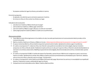 - Se propone cambiarde lugarlossillonesyasícambiar el camino.
Cierre de lapropuesta:
- Se aplaude a losvalientesque se animaronapasarpor el camino.
- Se invitaa la niñay al niñoa volverlossillonesasulugar.
Indicadoresde laevaluación:
o ¿Se observaenCatalinay Mateointerésporel juego?
o ¿Se losobservaa Catalinay a Mateo jugar contentos?
o ¿Se mirancatalinay Mateo al jugar?¿Buscan a la señocon lamirada?
o ¿Qué juegosproponenCatalinayMateo?¿Cuálessonsuspreferencias?
Observacionesdeldía:
 Tanto Martina como Almaingresaronsinlasmadresala sala; lascualespermanecieronenlacocinadurante todala jornada,nofue
necesariobuscarlas.
 Martina mordióa Catalinaenel brazo y a Mateo enla cara. ¿Qué propuestasdebopropiciarparaponerenjuegoestoque le sucede?
 En pocos momentosMartina,AlmayCatalinarequeríanlapresenciade lamadre;rápidamente volvíanajugarsinproblemas.
 En cuánto a la propuestanº1: todoslosniñosy lasniñasde lasala pudieronesconderse traslatelacolgada.Apenasiniciadala
propuesta,los niñosyniñasde salade 3 habitaronel patiocontinuoa la sala,por loque losniñosy niñasde la salade deambuladoresse
acercaron a la ventanaa observarlos.Modifiquelaposiciónde latelacolgada;ahorafuncionabacomocortina,endonde todos querían
correrla.
 En cuánto a la propuestaII(SUM): el cambiode espaciofue favorable,apesarde que a Martina aún laangustiaun pocoy comienzaa
llamara la madre,rápidamente se olvida.Alma,MateoyCatalinautilizaronprimeramentelosalmohadonespara“dormirse”;debidoa
ellose inicioalosniñosy niñasde lasala enel juego:“osodormilón”.
 En cuánto a la propuestaIII:tantoCatalinacomoMateo disfrutarondel juego.Recorrieronloscaminossinnecesidadde lacompañíadel
docente.Propusieronnuevos,cambiandode lugarlossillones.
 Compartimoslameriendatodosjuntos: Mateo,Catalina,MartinayAlma
 