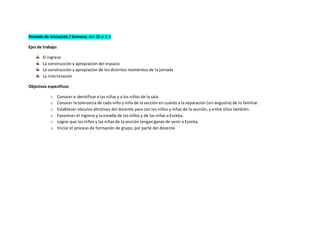 Período de iniciación / Semana: del 28 al 2-3
Ejes de trabajo:
El ingreso
La construcción y apropiación del espacio
La construcción y apropiación de los distintos momentos de la jornada
La interrelación
Objetivos específicos:
o Conocer e identificar a las niñas y a los niños de la sala.
o Conocer la tolerancia de cada niño y niña de la sección en cuánto a la separación (sin angustia) de lo familiar.
o Establecer vínculos afectivos del docente para con los niños y niñas de la sección, y entre ellos también.
o Favorecer el ingreso y la estadía de los niños y de las niñas a Eureka.
o Lograr que los niños y las niñas de la sección tengan ganas de venir a Eureka.
o Iniciar el proceso de formación de grupo, por parte del docente.
 