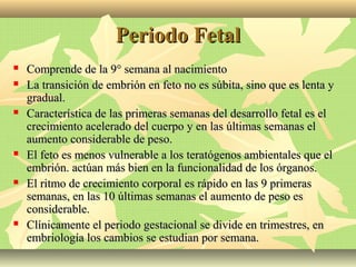 Periodo FetalPeriodo Fetal
 Comprende de la 9° semana al nacimientoComprende de la 9° semana al nacimiento
 La transición de embrión en feto no es súbita, sino que es lenta yLa transición de embrión en feto no es súbita, sino que es lenta y
gradual.gradual.
 Característica de las primeras semanas del desarrollo fetal es elCaracterística de las primeras semanas del desarrollo fetal es el
crecimiento acelerado del cuerpo y en las últimas semanas elcrecimiento acelerado del cuerpo y en las últimas semanas el
aumento considerable de peso.aumento considerable de peso.
 El feto es menos vulnerable a los teratógenos ambientales que elEl feto es menos vulnerable a los teratógenos ambientales que el
embrión. actúan más bien en la funcionalidad de los órganos.embrión. actúan más bien en la funcionalidad de los órganos.
 El ritmo de crecimiento corporal es rápido en las 9 primerasEl ritmo de crecimiento corporal es rápido en las 9 primeras
semanas, en las 10 últimas semanas el aumento de peso essemanas, en las 10 últimas semanas el aumento de peso es
considerable.considerable.
 Clínicamente el periodo gestacional se divide en trimestres, enClínicamente el periodo gestacional se divide en trimestres, en
embriología los cambios se estudian por semana.embriología los cambios se estudian por semana.
 