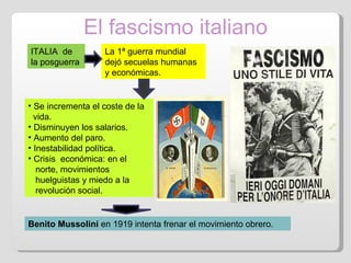 El fascismo italiano ITALIA  de la posguerra La 1ª guerra mundial dejó secuelas humanas y económicas. Se incrementa el coste de la  vida. Disminuyen los salarios. Aumento del paro. Inestabilidad política. Crisis  económica: en el  norte, movimientos  huelguistas y miedo a la  revolución social. Benito Mussolini  en 1919 intenta frenar el movimiento obrero. 