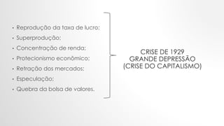 • Reprodução da taxa de lucro;
• Superprodução;
• Concentração de renda;
• Protecionismo econômico;
• Retração dos mercados;
• Especulação;
• Quebra da bolsa de valores.
CRISE DE 1929
GRANDE DEPRESSÃO
(CRISE DO CAPITALISMO)