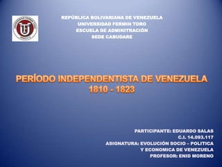 REPÚBLICA BOLIVARIANA DE VENEZUELA
     UNIVERSIDAD FERMIN TORO
    ESCUELA DE ADMINITRACIÓN
          SEDE CABUDARE




                       PARTICIPANTE: EDUARDO SALAS
                                       C.I. 14.093.117
              ASIGNATURA: EVOLUCIÓN SOCIO – POLITICA
                          Y ECONOMICA DE VENEZUELA
                              PROFESOR: ENID MORENO
 