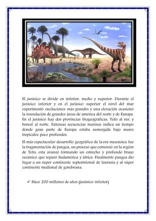 El jurásico se divide en inferior, medio y superior. Durante el
jurásico inferior y en el jurásico superior el nivel del mar
experimentó oscilaciones más grandes y una elevación ocasionó
la inundación de grandes áreas de américa del norte y de Europa.
En el jurásico hay dos provincias biogeográficas, Tetis al sur, y
boreal al norte. Extensas secuencias marinas indica un tiempo
donde gran parte de Europa estaba sumergida bajo mares
tropicales poco profundos.
El más espectacular desarrollo geográfico de la era mesozoica fue
la fragmentación de pangea, un proceso que comenzó en la región
de Tetis, esta avanzó formando un estrecho y profundo brazo
oceánico que separó Sudamérica y áfrica. Finalmente pangea dio
lugar a un super continente septentrional de laurasia y al súper
continente medional de gondwana.
 Hace 200 millones de años (jurásico inferior)
 