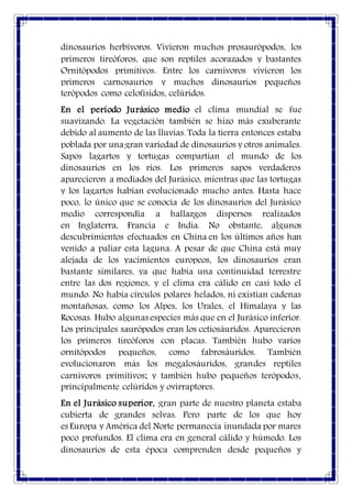 dinosaurios herbívoros. Vivieron muchos prosaurópodos, los
primeros tireóforos, que son reptiles acorazados y bastantes
Ornitópodos primitivos. Entre los carnívoros vivieron los
primeros carnosaurios y muchos dinosaurios pequeños
terópodos como celofísidos, celúridos.
En el período Jurásico medio el clima mundial se fue
suavizando. La vegetación también se hizo más exuberante
debido al aumento de las lluvias. Toda la tierra entonces estaba
poblada por unagran variedad de dinosaurios y otros animales.
Sapos lagartos y tortugas compartían el mundo de los
dinosaurios en los ríos. Los primeros sapos verdaderos
aparecieron a mediados del Jurásico, mientras que las tortugas
y los lagartos habían evolucionado mucho antes. Hasta hace
poco, lo único que se conocía de los dinosaurios del Jurásico
medio correspondía a hallazgos dispersos realizados
en Inglaterra, Francia e India. No obstante, algunos
descubrimientos efectuados en China en los últimos años han
venido a paliar esta laguna. A pesar de que China está muy
alejada de los yacimientos europeos, los dinosaurios eran
bastante similares, ya que había una continuidad terrestre
entre las dos regiones, y el clima era cálido en casi todo el
mundo. No había círculos polares helados, ni existían cadenas
montañosas, como los Alpes, los Urales, el Himalaya y las
Rocosas. Hubo algunas especies más que en el Jurásico inferior.
Los principales saurópodos eran los cetiosáuridos. Aparecieron
los primeros tireóforos con placas. También hubo varios
ornitópodos pequeños, como fabrosáuridos. También
evolucionaron más los megalosáuridos, grandes reptiles
carnívoros primitivos; y también hubo pequeños terópodos,
principalmente celúridos y ovirraptores.
En el Jurásico superior, gran parte de nuestro planeta estaba
cubierta de grandes selvas. Pero parte de los que hoy
es Europa y América del Norte permanecía inundada por mares
poco profundos. El clima era en general cálido y húmedo. Los
dinosaurios de esta época comprenden desde pequeños y
 