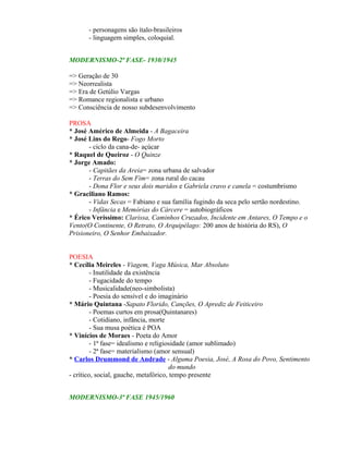 - personagens são ítalo-brasileiros
      - linguagem simples, coloquial.


MODERNISMO-2ª FASE- 1930/1945

=> Geração de 30
=> Neorrealista
=> Era de Getúlio Vargas
=> Romance regionalista e urbano
=> Consciência de nosso subdesenvolvimento

PROSA
* José Américo de Almeida - A Bagaceira
* José Lins do Rego- Fogo Morto
       - ciclo da cana-de- açúcar
* Raquel de Queiroz - O Quinze
* Jorge Amado:
       - Capitães da Areia= zona urbana de salvador
       - Terras do Sem Fim= zona rural do cacau
       - Dona Flor e seus dois maridos e Gabriela cravo e canela = costumbrismo
* Graciliano Ramos:
       - Vidas Secas = Fabiano e sua família fugindo da seca pelo sertão nordestino.
       - Infância e Memórias do Cárcere = autobiográficos
* Érico Veríssimo: Clarissa, Caminhos Cruzados, Incidente em Antares, O Tempo e o
Vento(O Continente, O Retrato, O Arquipélago: 200 anos de história do RS), O
Prisioneiro, O Senhor Embaixador.


POESIA
* Cecília Meireles - Viagem, Vaga Música, Mar Absoluto
         - Inutilidade da existência
         - Fugacidade do tempo
         - Musicalidade(neo-simbolista)
         - Poesia do sensível e do imaginário
* Mário Quintana -Sapato Florido, Canções, O Aprediz de Feiticeiro
         - Poemas curtos em prosa(Quintanares)
         - Cotidiano, infância, morte
         - Sua musa poética é POA
* Vinícios de Moraes - Poeta do Amor
         - 1ª fase= idealismo e religiosidade (amor sublimado)
         - 2ª fase= materialismo (amor sensual)
* Carlos Drummond de Andrade - Alguma Poesia, José, A Rosa do Povo, Sentimento
                                       do mundo
- crítico, social, gauche, metafórico, tempo presente


MODERNISMO-3ª FASE 1945/1960
 
