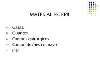MATERIAL ESTERIL Gasas. Guantes. Campos quirúrgicos Campo de mesa o mayo Piel 