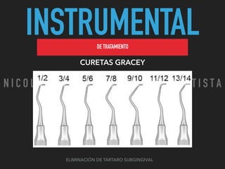 INSTRUMENTALDE TRATAMIENTO
CURETAS GRACEY
ELIMINACIÓN DE TÁRTARO SUBGINGIVAL
N I C O L A S P E R E Z - C I R U J A N O D E N T I S T A
 