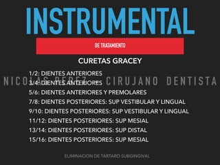 INSTRUMENTALDE TRATAMIENTO
CURETAS GRACEY
ELIMINACIÓN DE TÁRTARO SUBGINGIVAL
1/2: DIENTES ANTERIORES
3/4: DIENTES ANTERIORES
5/6: DIENTES ANTERIORES Y PREMOLARES
7/8: DIENTES POSTERIORES: SUP VESTIBULAR Y LINGUAL
9/10: DIENTES POSTERIORES: SUP VESTIBULAR Y LINGUAL
11/12: DIENTES POSTERIORES: SUP MESIAL
13/14: DIENTES POSTERIORES: SUP DISTAL
15/16: DIENTES POSTERIORES: SUP MESIAL
N I C O L A S P E R E Z - C I R U J A N O D E N T I S T A
 