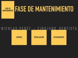 FASE DE
MANTENIMIENTO FASE DE MANTENIMIENTO
REEVALUACIÓNCONTROL RETRATAMIENTO
N I C O L A S P E R E Z - C I R U J A N O D E N T I S T A
 