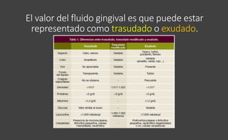 El valor del fluido gingival es que puede estar
representado como trasudado o exudado.
 