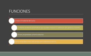 FUNCIONES
Limpia el material del surco
Contiene proteínas plasmáticas que pueden mejorar la adhesión del epitelio al diente
Posee propiedades antimicrobianas
Ejerce actividad como anticuerpo para defender la encía
 