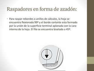 Raspadores en forma de azadón:
• Para raspar rebordes o anillos de cálculos, la hoja se
encuentra flexionada 99º y el borde cortante esta formado
por la unión de la superficie terminal aplanada con la cara
interna de la hoja. El filo se encuentra biselado a 45º.
 