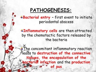 Bacterial entry – first event to initiate
periodontal abscess
Inflammatory cells are then attracted
by the chemotactic factors released by
the bacteria
The concomitant inflammatory reaction
leads to destruction of the connective
tissues, the encapsulation of the
bacterial infection and the production
of pus
PATHOGENESIS:
 