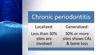 Chronic periodontitis
Localized:
Less than 30%
sites are
involved
Generalized:
30% or more
sites shows CAL
& bone loss
 