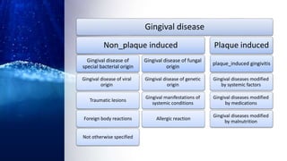 Gingival disease
Non_plaque induced
Gingival disease of
special bacterial origin
Gingival disease of viral
origin
Traumatic lesions
Foreign body reactions
Not otherwise specified
Gingival disease of fungal
origin
Gingival disease of genetic
origin
Gingival manifestations of
systemic conditions
Allergic reaction
Plaque induced
plaque_induced gingivitis
Gingival diseases modified
by systemic factors
Gingival diseases modified
by medications
Gingival diseases modified
by malnutrition
 