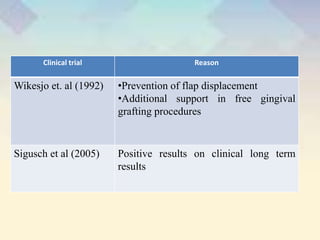 Clinical trial Reason
Wikesjo et. al (1992) •Prevention of flap displacement
•Additional support in free gingival
grafting procedures
Sigusch et al (2005) Positive results on clinical long term
results
 