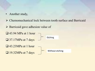 • Another study,
 Chemomechanical lock between tooth surface and Barricaid
 Barricaid gave adhesion value of
 43.94 MPa at 1 hour
 37.17MPa at 7 days
 43.23MPa at 1 hour
 19.32MPa at 7 days
Etching
Without etching
 