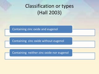 Classification or types
(Hall 2003)
Containing zinc oxide and eugenol
Containing zinc oxide without eugenol
Containing neither zinc oxide nor eugenol
 