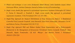  Whale’s tail technique: A case series Deshpande Milind Mrunal, Jarde Samiksha Jaypal, Rohan
Srinivasan Wilson, Anirban Chatterjee Journal of Indian Society of Periodontology.
 Single versus double flap approach in periodontal regenerative treatment Schincaglia GP, Hebert
E, Farina R, Simonelli A, Trombelli L. Single versus double flap approach in periodontal
regenerative treatment. J Clin Periodontol 2015; 42: 557–566.
 Single-Flap Approach for Surgical Debridement of Deep Intraosseous Defects: A Randomized
Controlled Trial Leonardo Trombelli, Anna Simonelli, Gian Pietro Schincaglia, Alessandro Cucchi,
and Roberto Farina J Periodontol 2012;83:27-35.
 Single Flap Approach With and Without Guided Tissue Regeneration and a Hydroxyapatite
Biomaterial in the Management of Intraosseous Periodontal Defects Leonardo Trombelli, Anna
Simonelli, Mattia Pramstraller, Ulf M.E. Wikesjo¨, and Roberto Farina J Periodontol
2010;81:1256-1263.
101
 